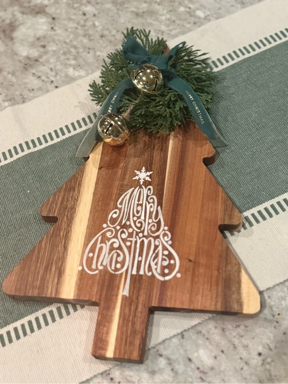 Wooden Tree Holiday Sign with Green Bow and Gold Bells - Merry Christmas